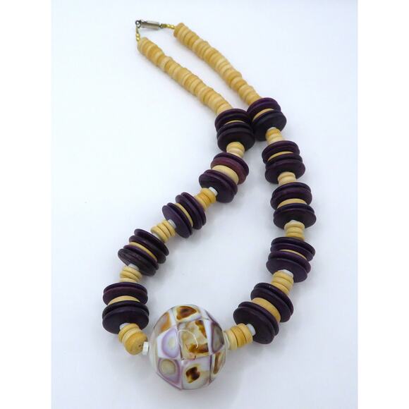 Vintage Boho Wood Bead Necklace w/ Mosaic Focal Bead Purple & Beige Tribal Style - Picture 1 of 11